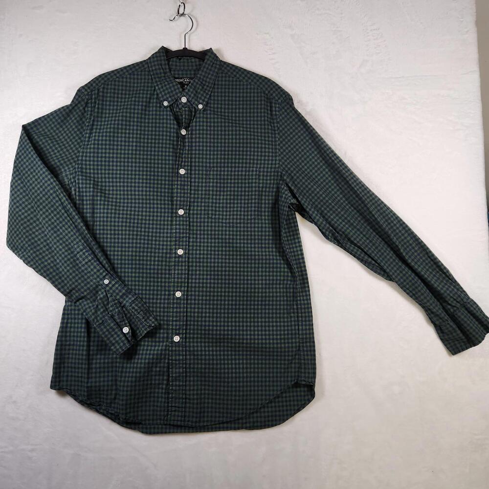 J Crew Mercantile Flex Shirt M Green Blue Gingham Button Down Long Sleeve Casual